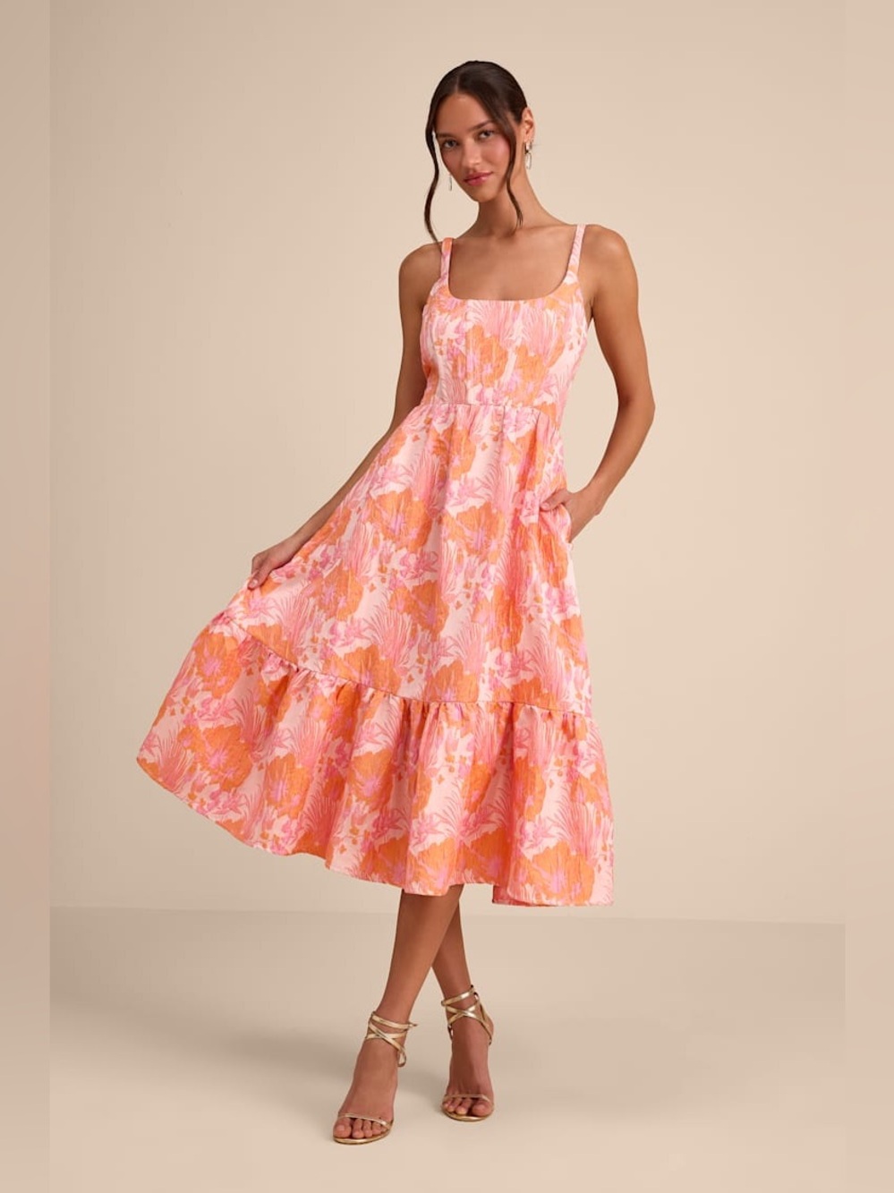 Lulu’s Avalie Pink Floral Jacquard Tiered Bustier Midi Dress